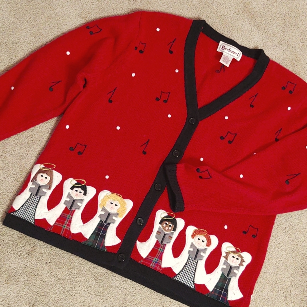 Vintage "ugly" red cardigan sweater with choir of angels music notes